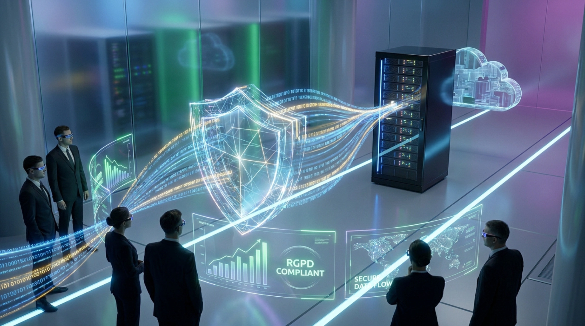 Des professionnels en salle de serveurs analysant un flux de données sécurisé par un bouclier numérique holographique.