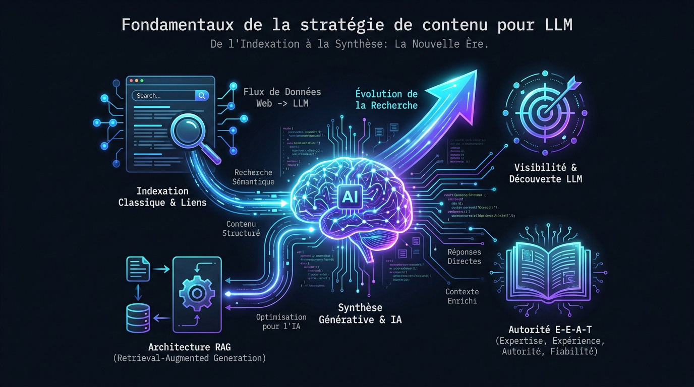 Schéma illustrant le passage de l'indexation classique à la synthèse par les LLM