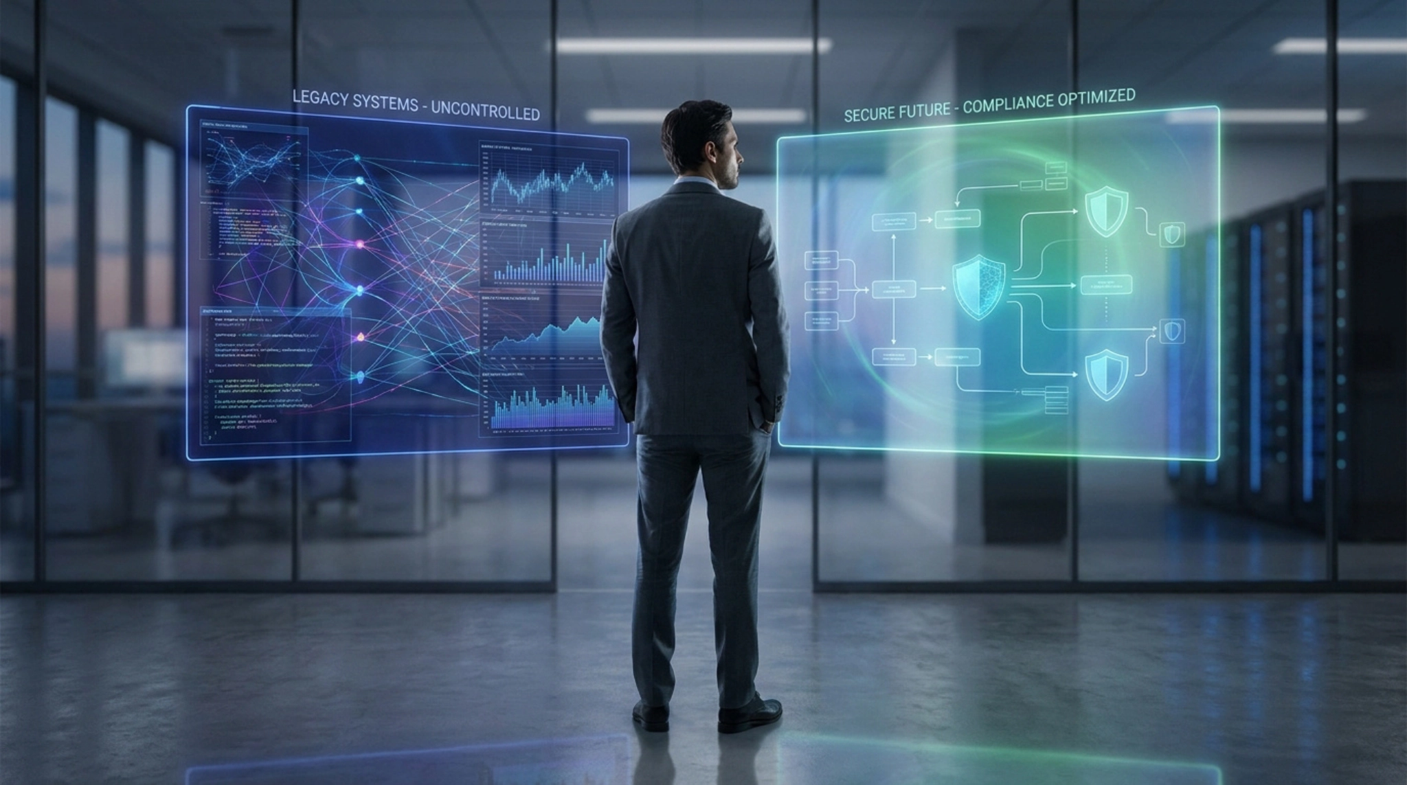 Un homme d'affaires regarde deux écrans holographiques comparant des systèmes hérités et une future infrastructure sécurisée.