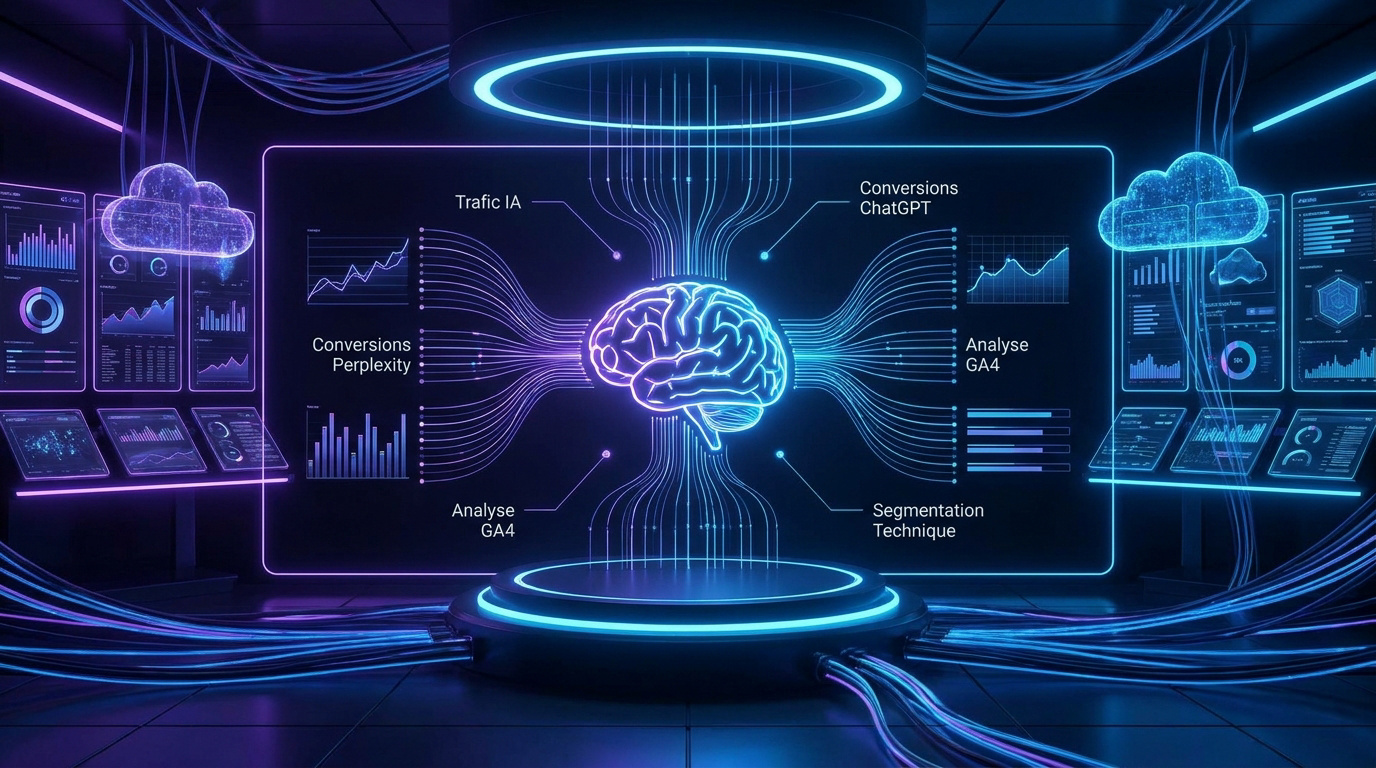 Tableau de bord futuriste analysant les flux de données issus de l'intelligence artificielle