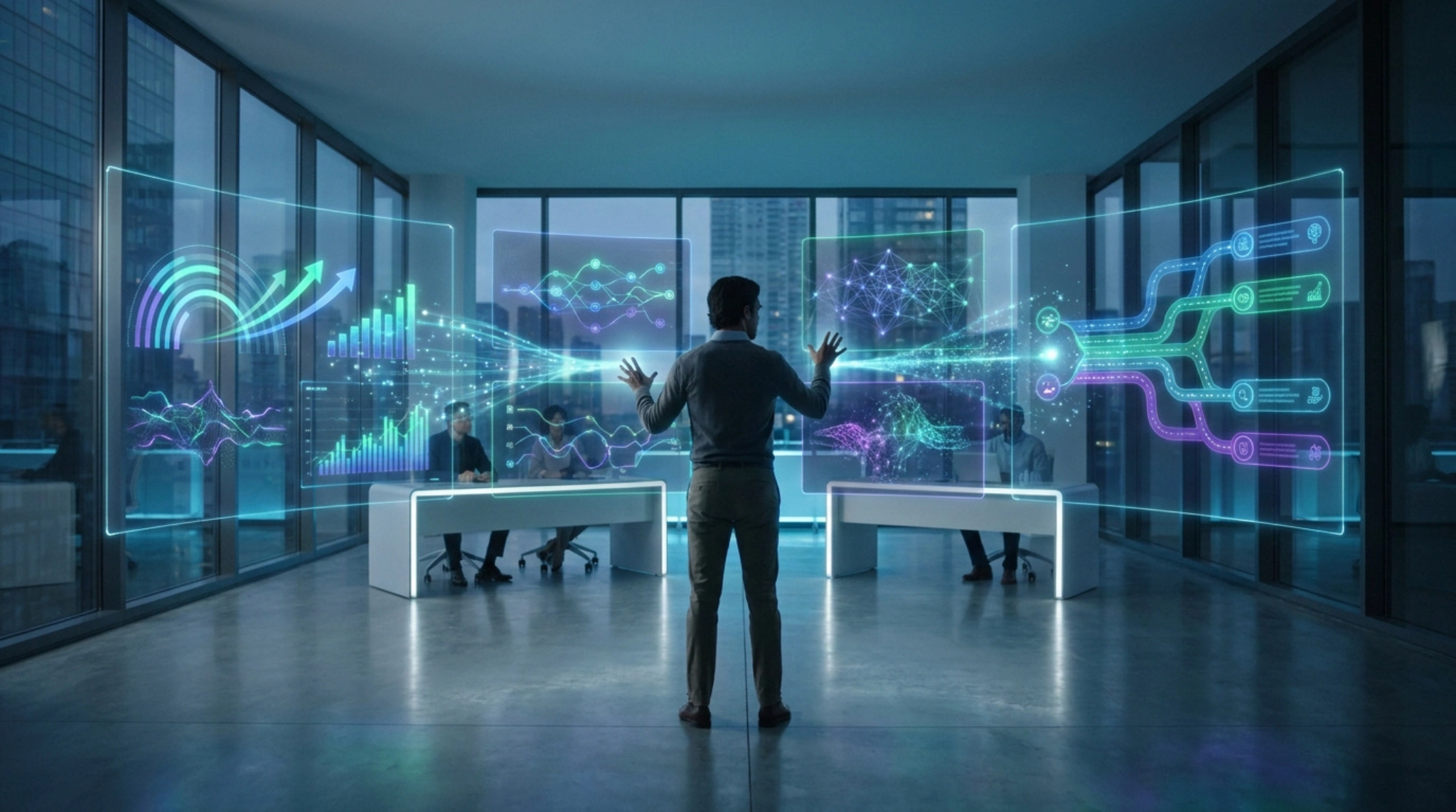 Un homme d'affaires interagit avec des interfaces holographiques de données dans un bureau moderne.