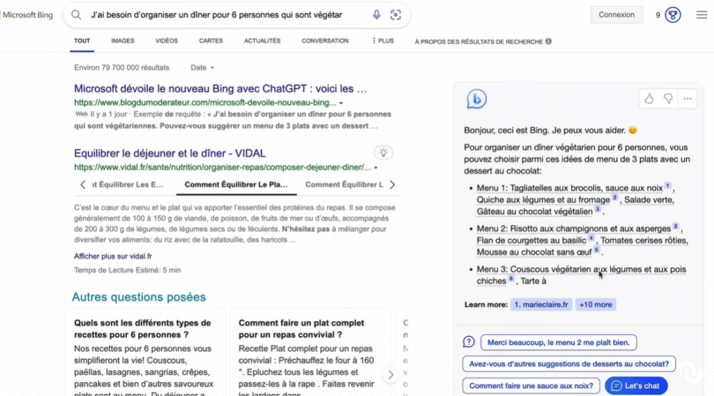 Bing chatbot dans les SERP