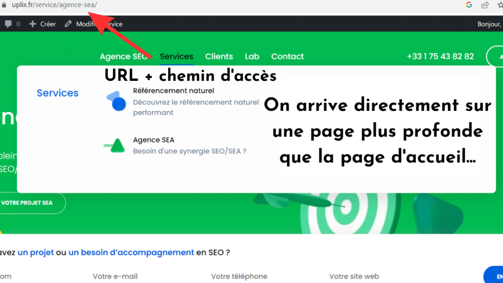 URL avec chemin d'accès à une page plus profonde