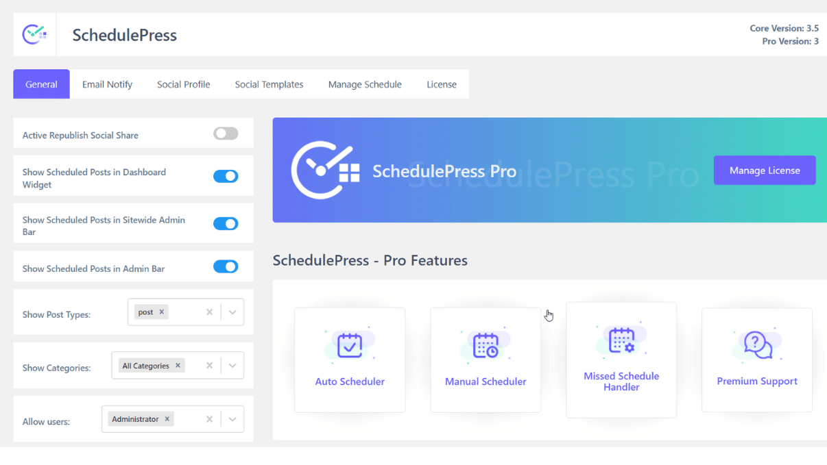 Interface du plugin Schedule Press