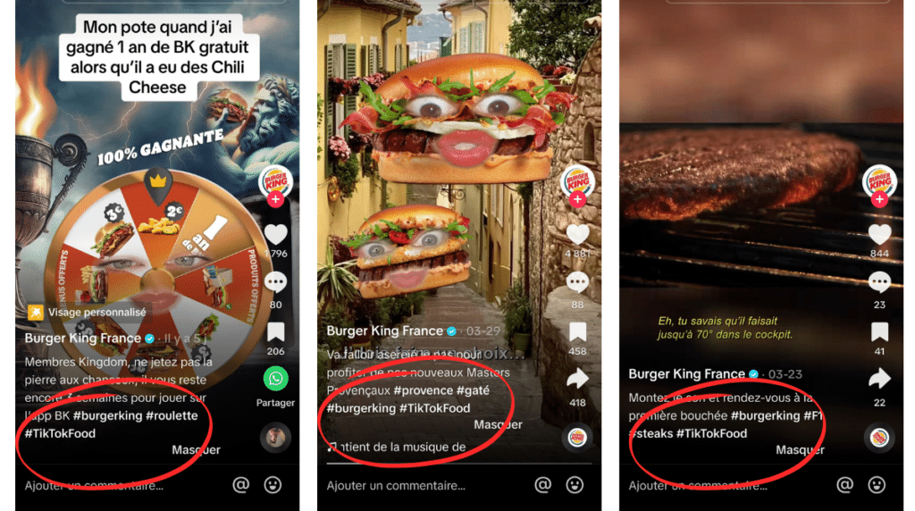 Exemples de hashtags TikTok avec Burger King