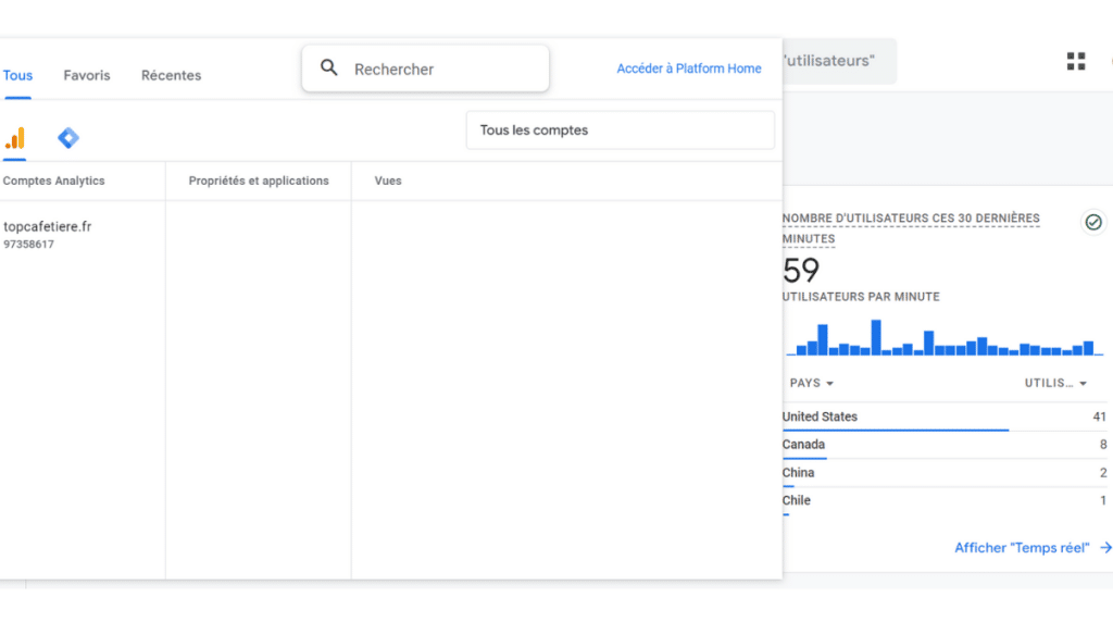 Accès aux différents comptes analytics sur la démo GA4