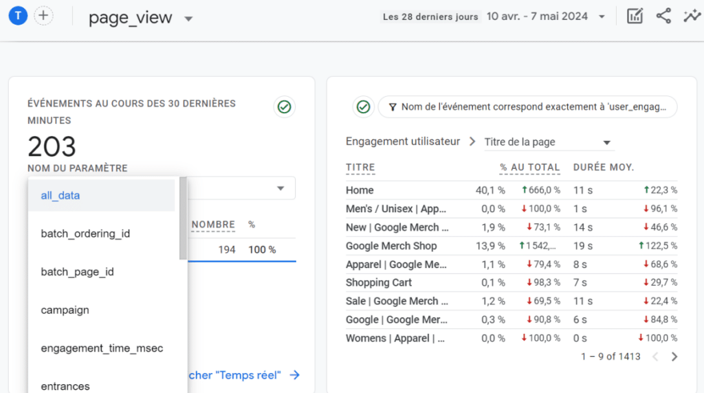 paramètres des événements sur la démo GA4