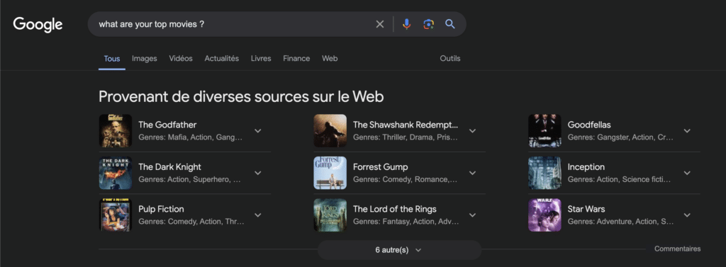 Résultats provenant de diverses sources sur le Web