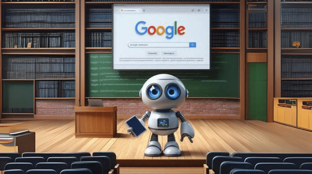image copilot robot qui présente une SERP dans un amphithéâtre