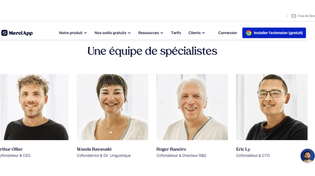 Exemple de page à propos avec les têtes d'une équipe de start up