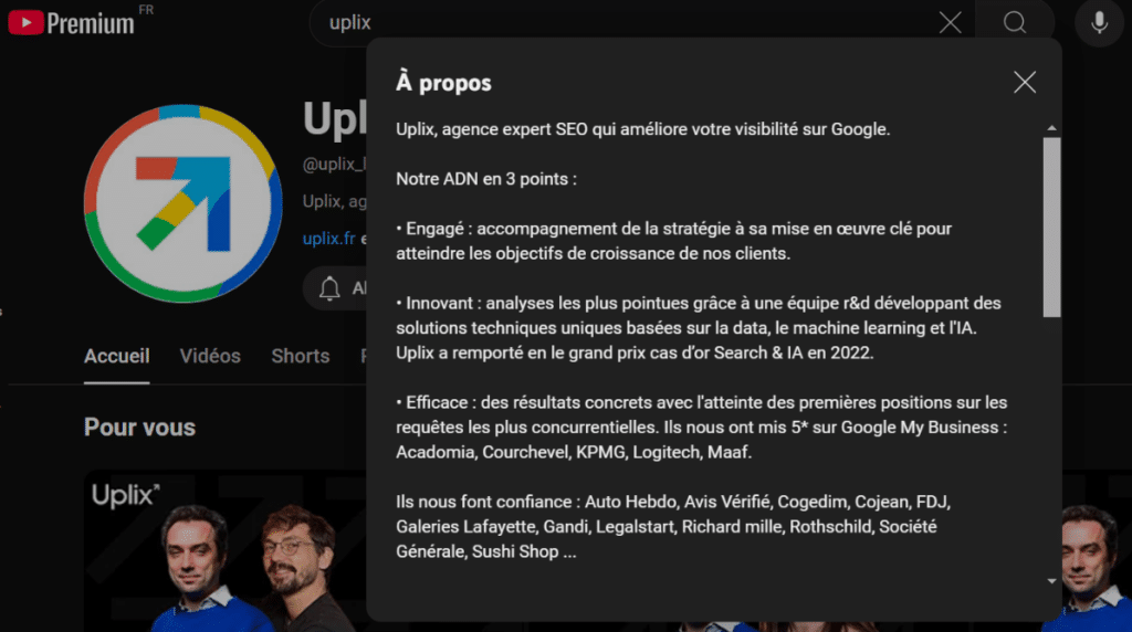 Page A propos chaîne YouTube Uplix