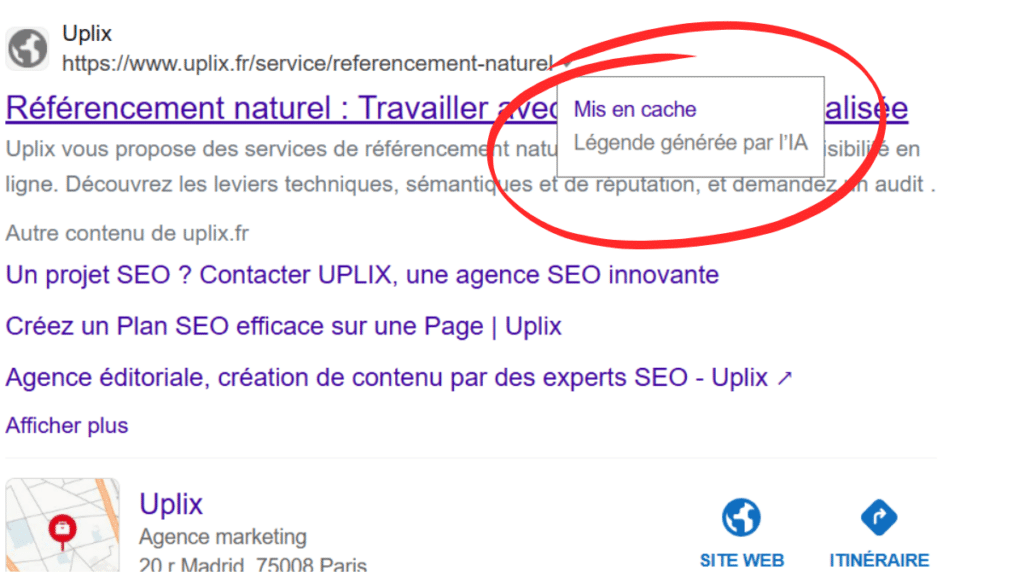 page mise en cache sur la SERP de Bing