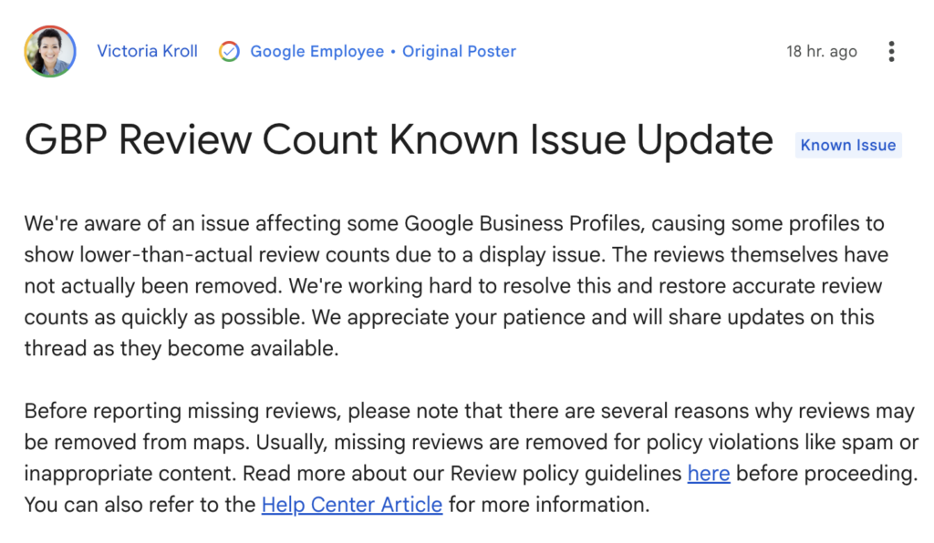 Le message de Google concernant la disparition des avis clients en ligne