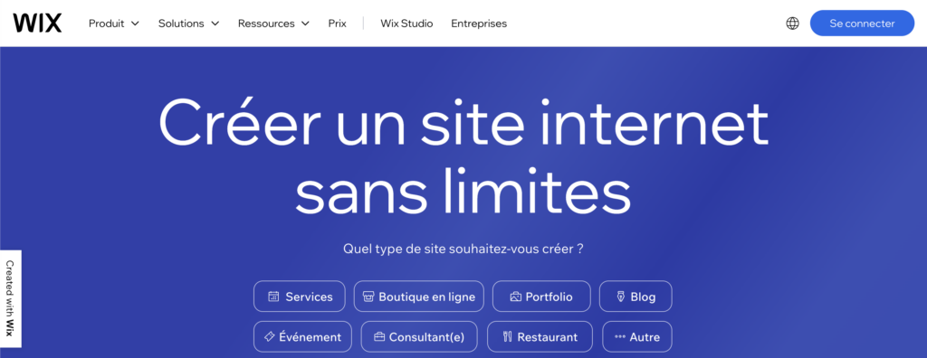 La page d'accueil de Wix