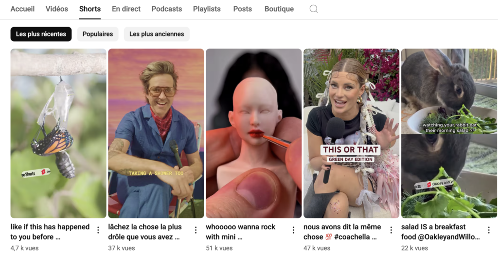 Capture d'écran page d'accueil YouTube Shorts.