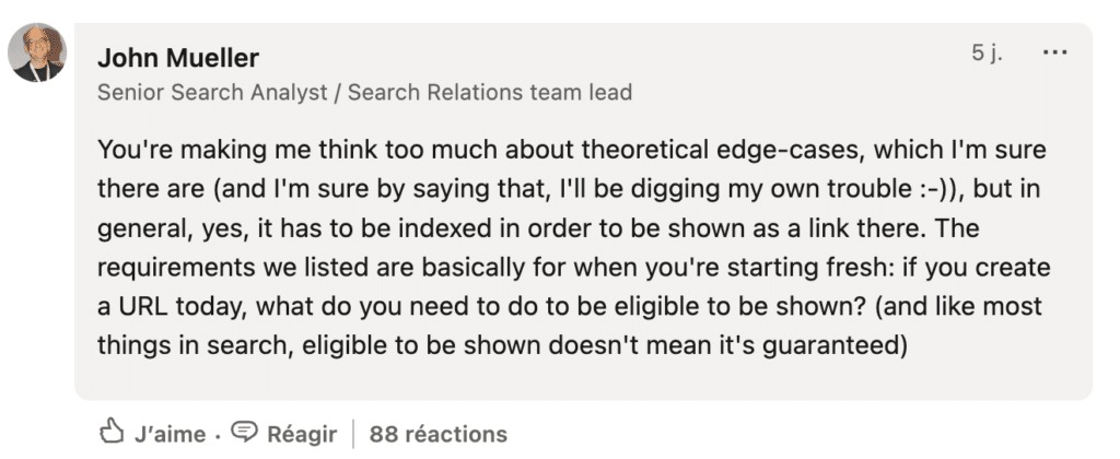 Le commentaire LinkedIn de John Mueller sur le sujet