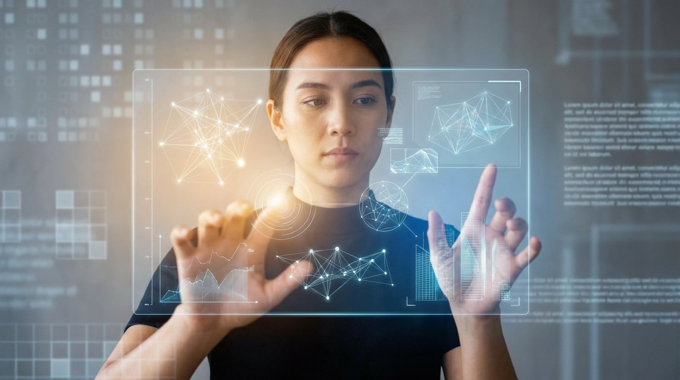 Femme interagissant avec écran tactile holographique.