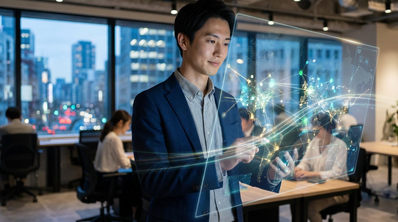 Homme interacte avec hologramme carte mondiale en bureau.