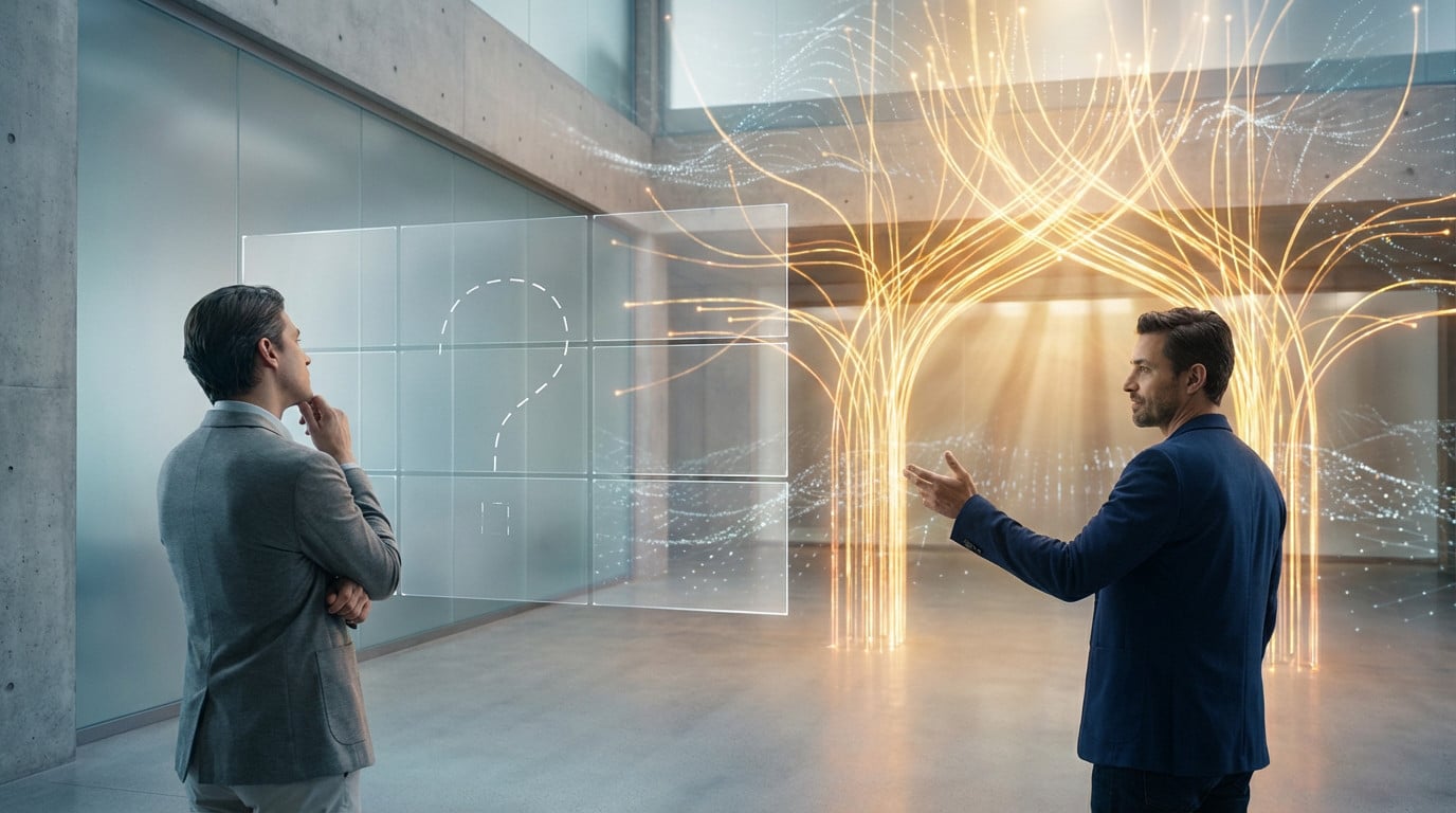 Hommes discutant devant affichage numérique futuriste.