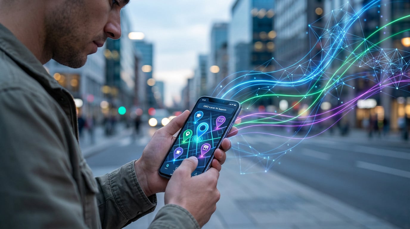 Person uses smartphone with AI-powered local map displaying glowing pins and business icons. Luminous digital lines connect to a blurred city.