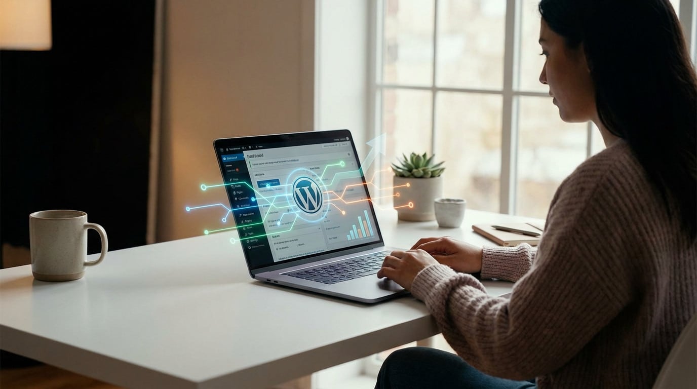 Person at a clean desk, focused on a laptop with a WordPress dashboard. Glowing lines and a growth arrow symbolize SEO and data flow.