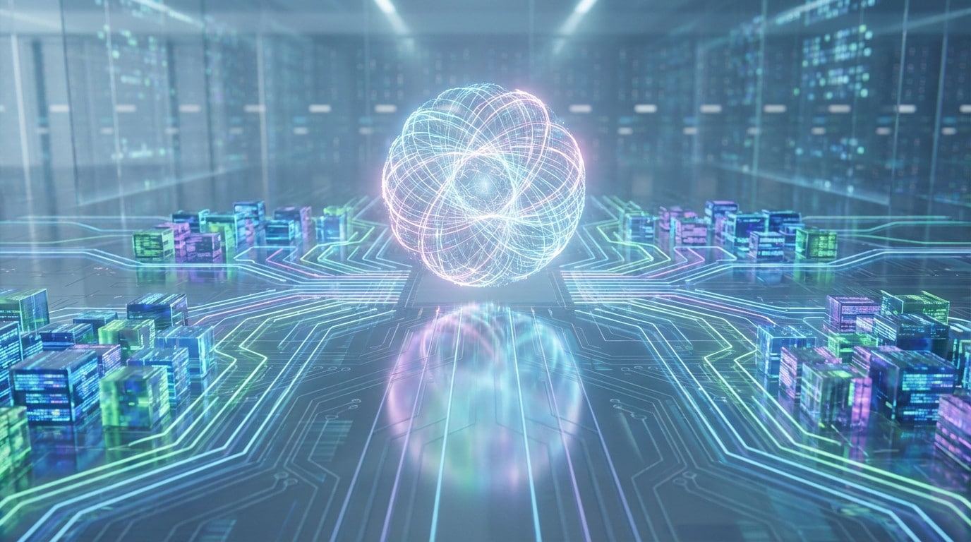 Graphisme numérique futuriste avec sphère et données.