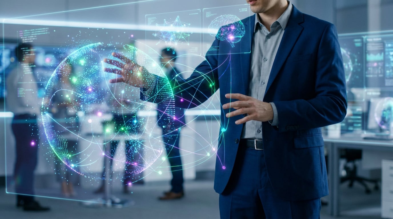 Man in suit interacts with vibrant holographic display showing AI algorithms, neural networks, and data visualizations in a futuristic office.