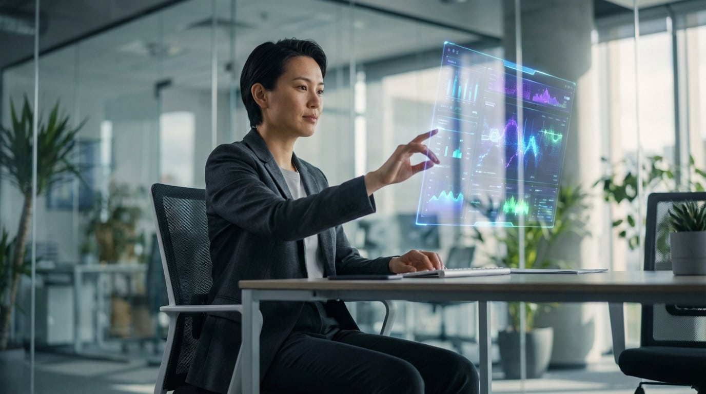 Personne utilisant écran holographique dans bureau moderne.