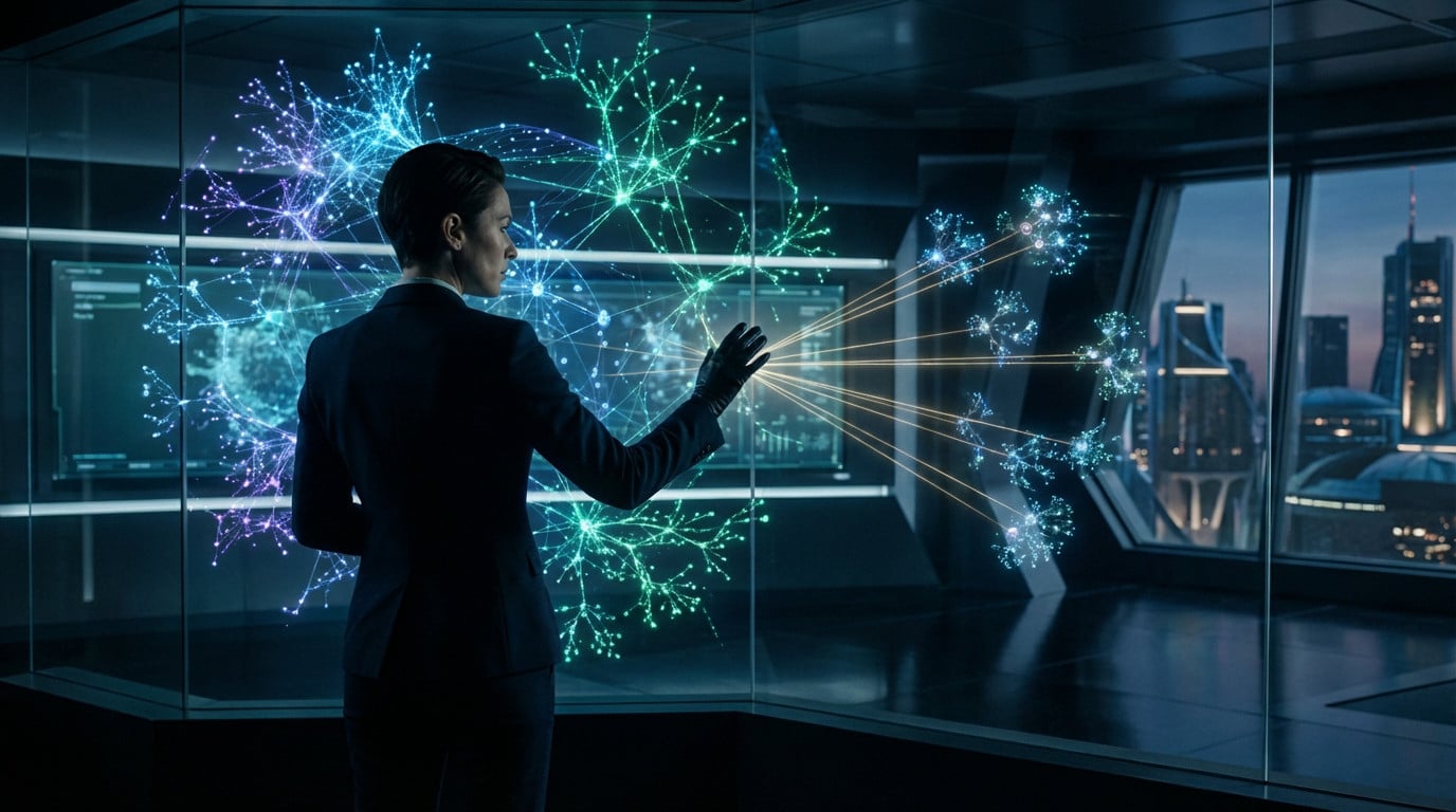 Professional in suit guides glowing AI network on a holographic display in a futuristic control room overlooking a city.