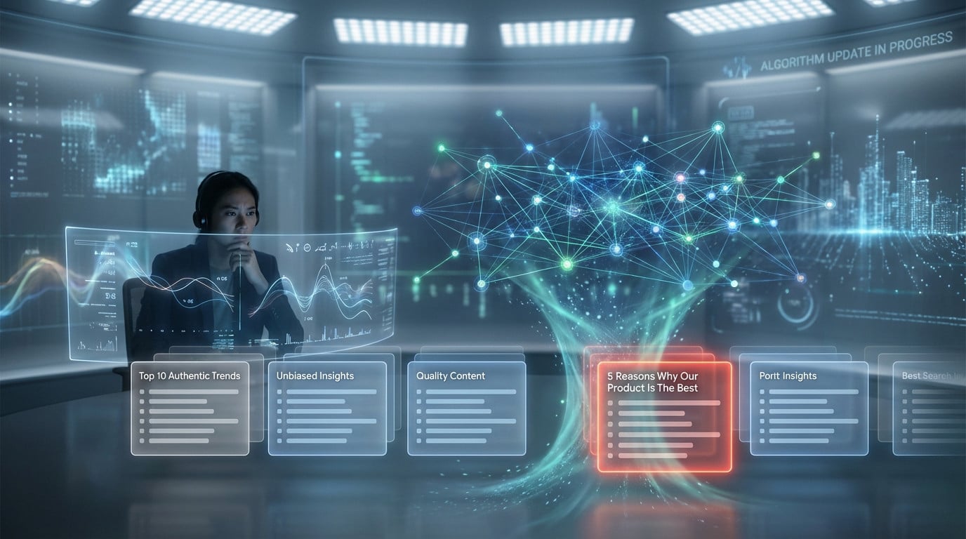 Futuristic digital interface showing an AI algorithm (glowing network) filtering a red-orange 'self-promotional' content block downwards. Other content blocks are stable. A strategist observes.
