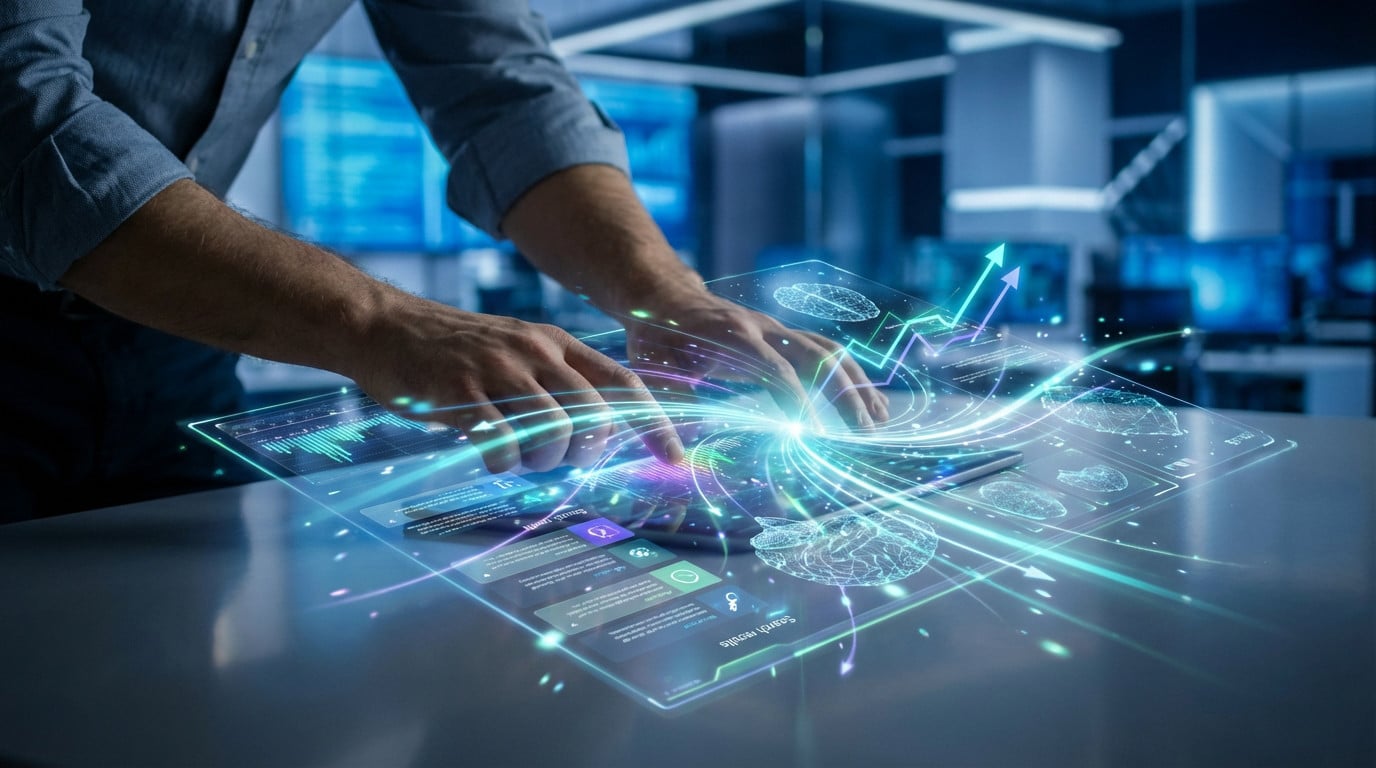 Mains interagissant avec une interface holographique futuriste. Données, graphiques de croissance et icônes d'IA s'illuminent.
