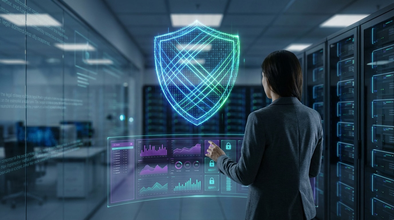 Une personne en datacenter interagit avec un tableau de bord holographique affichant un bouclier de sécurité et des graphiques de données.