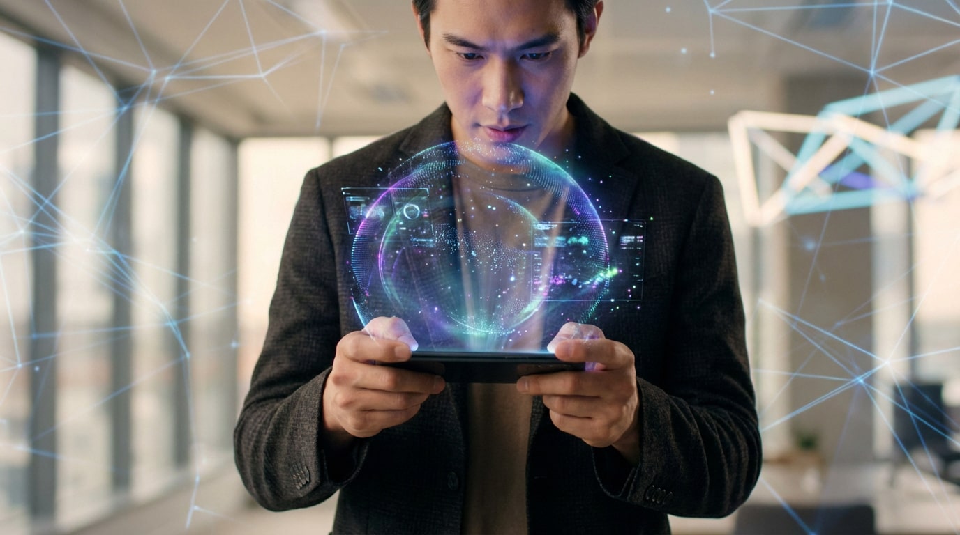 Homme tenant un smartphone avec une projection holographique interactive de données, représentant l'IA en temps réel.