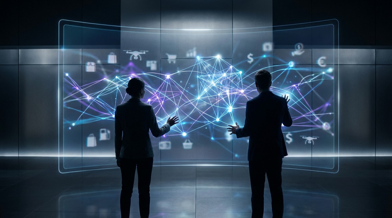 Deux professionnels devant un écran interactif futuriste, affichant un réseau de données lumineux et des icônes de commerce global.