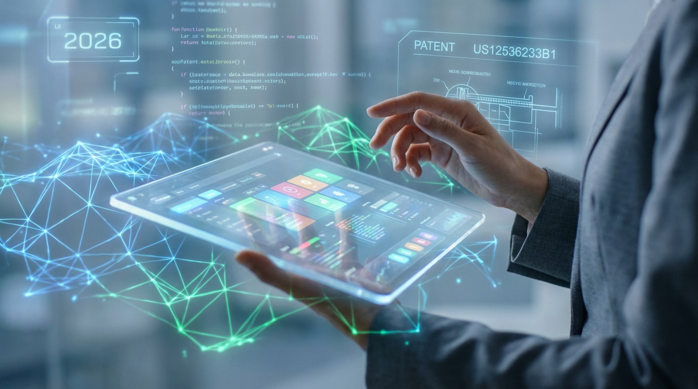 Gros plan sur une personne utilisant une tablette transparente avec interface futuriste, affichant du code, un brevet numérique et un réseau de données. La main interagit avec l'écran tactile.