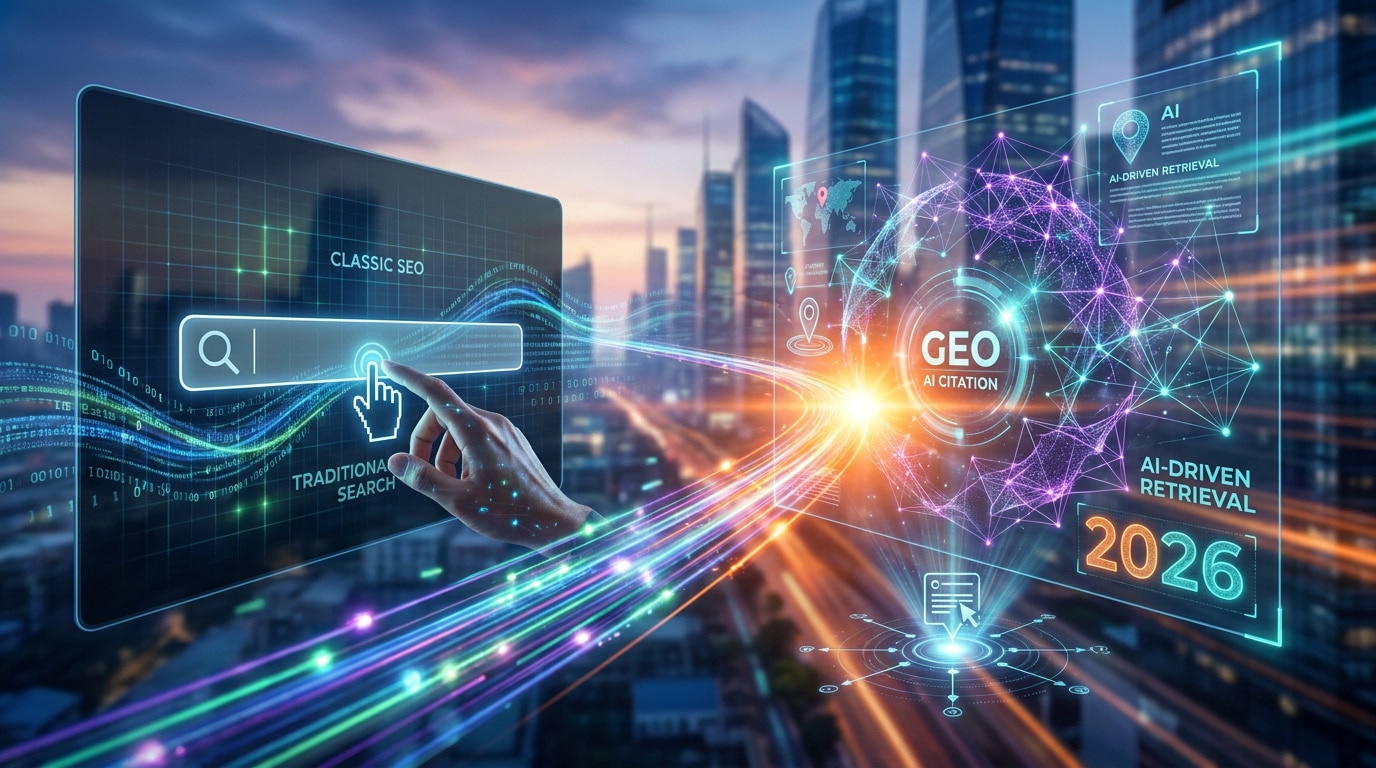 Illustration futuriste montrant la transition du SEO classique vers le GEO avec une interface holographique et de l'IA.