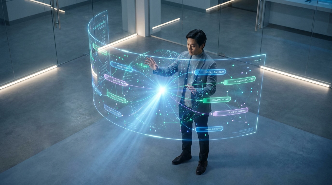 Un homme d'affaires interagissant avec une interface holographique futuriste affichant des données et des connexions.