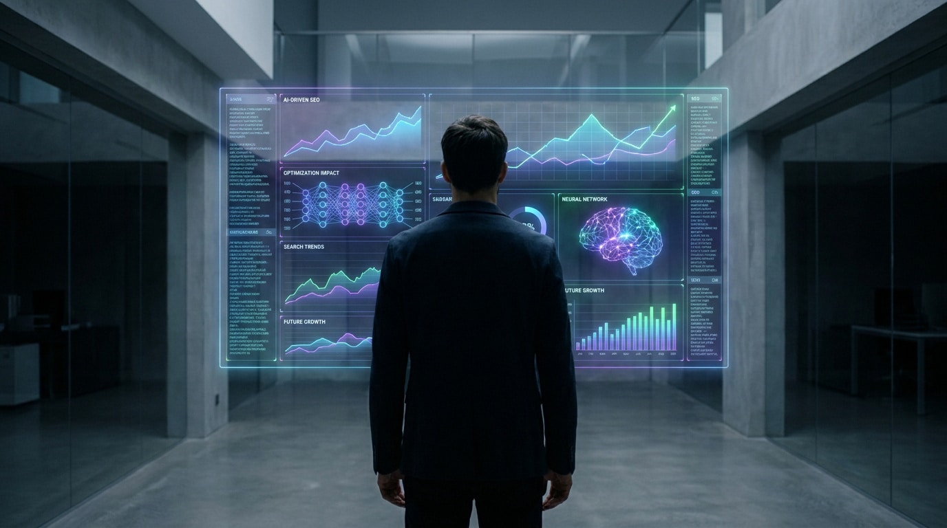 Un homme en costume observe un tableau de bord numérique flottant avec des graphiques SEO et des réseaux neuronaux.