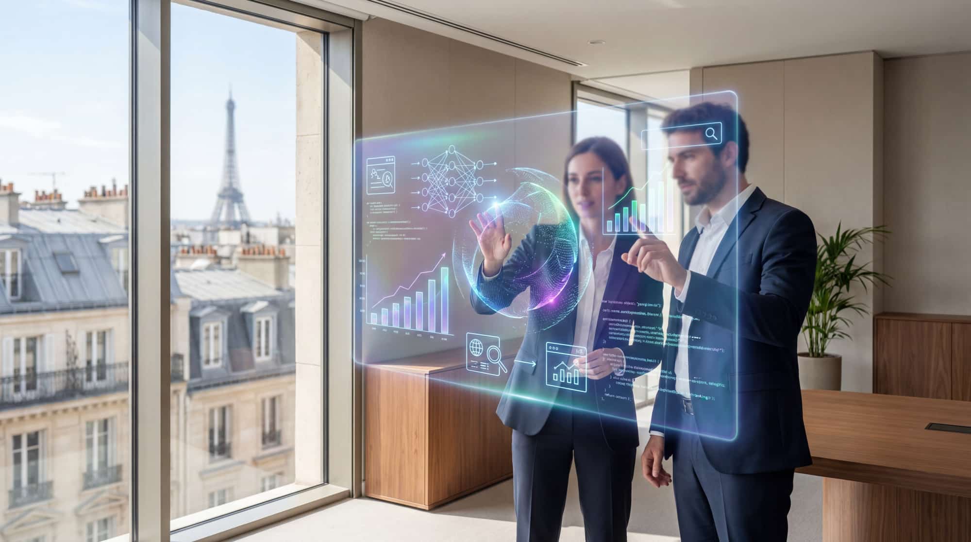 Deux professionnels analysant des données SEO et IA sur une interface numérique holographique avec la tour Eiffel en fond.