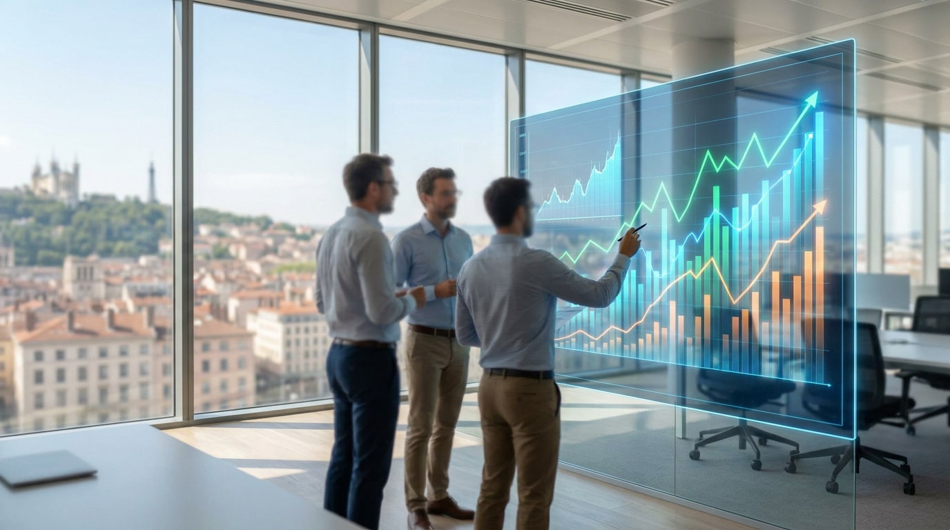 Trois hommes d'affaires analysent des graphiques de croissance sur un écran transparent devant le panorama de Lyon.