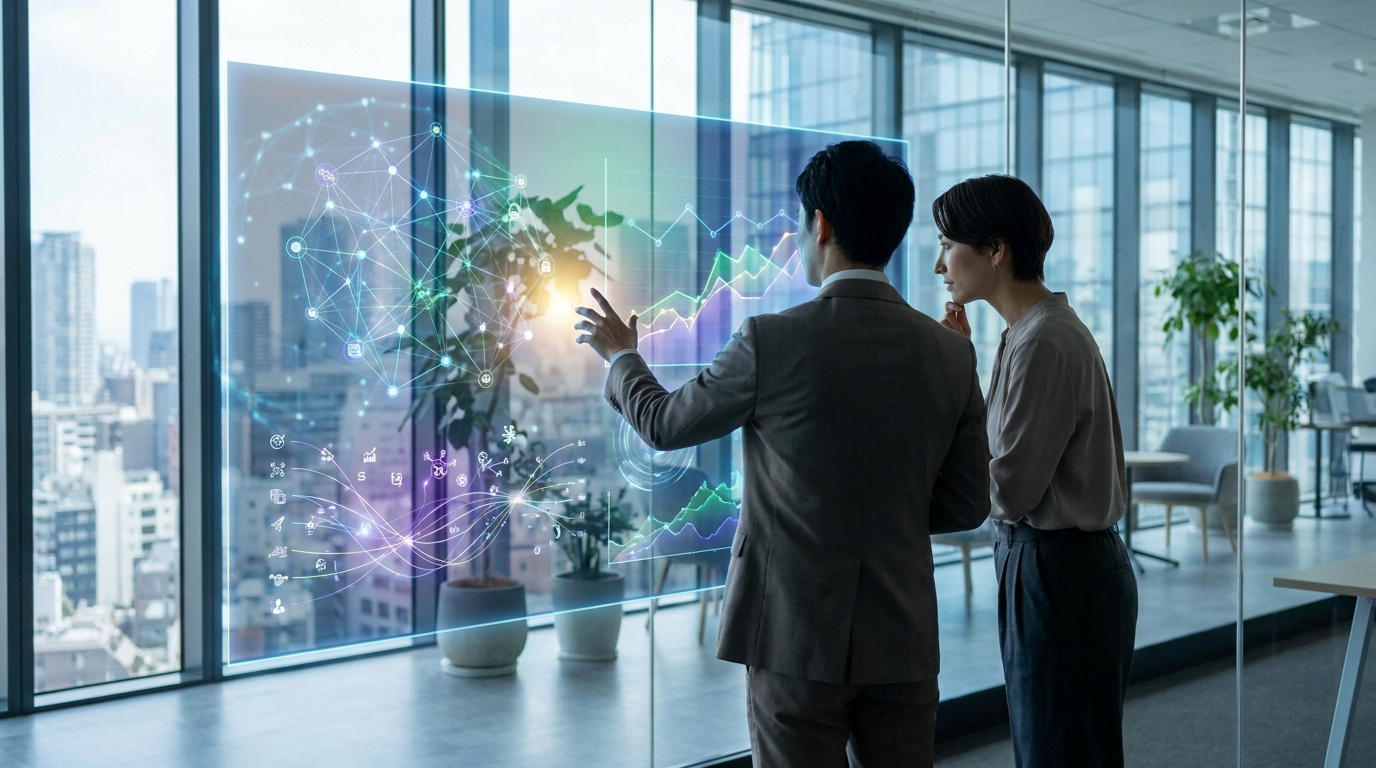 Deux professionnels analysent des données SEO et des graphiques de performance sur un écran holographique transparent.