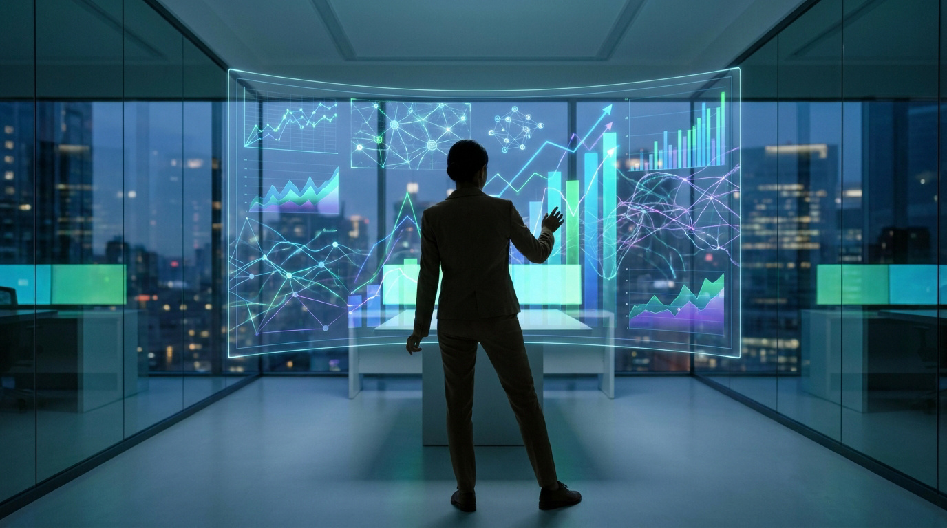 Une femme d'affaires analyse des graphiques de données interactifs sur un écran flottant dans un bureau moderne.