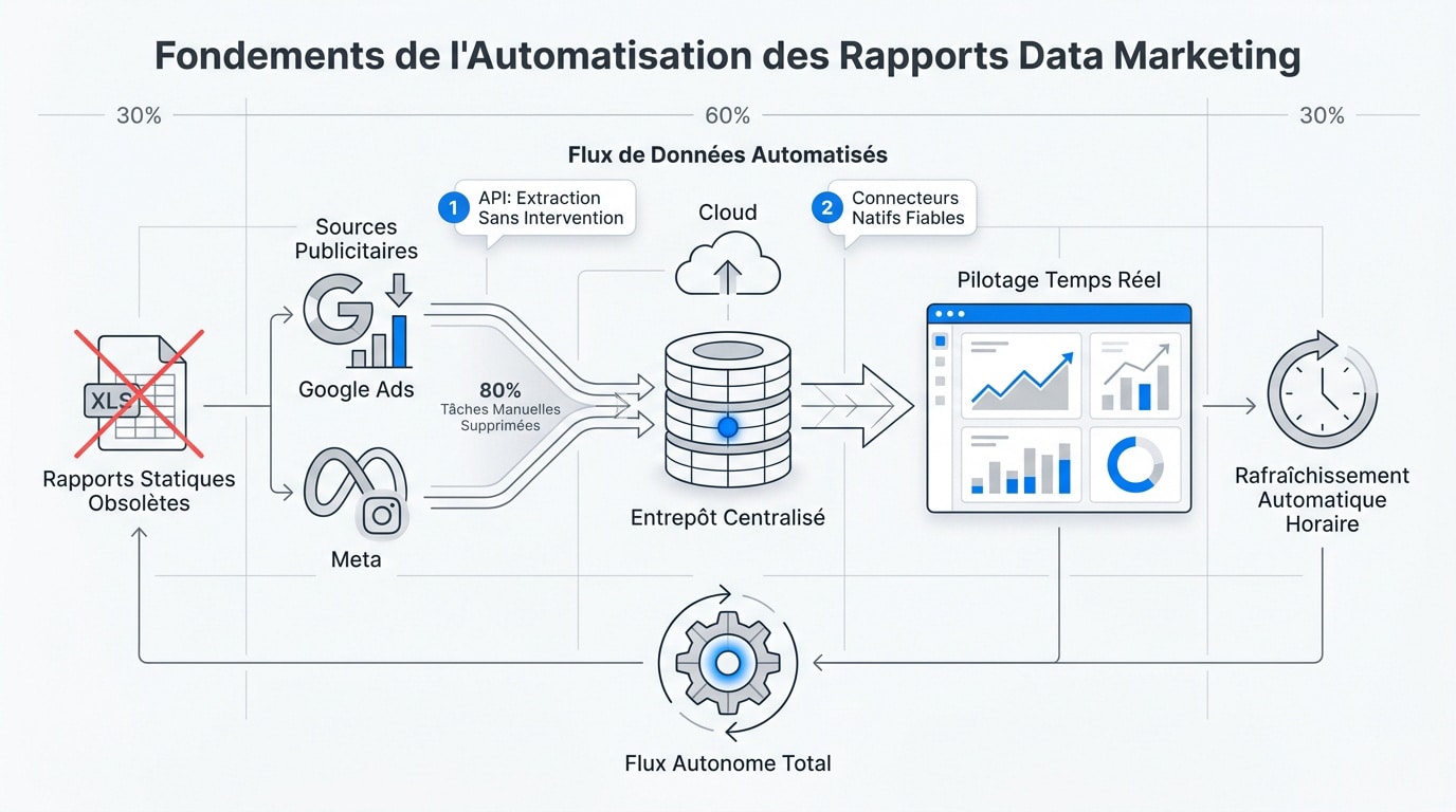 Schéma d'un pipeline d'automatisation des rapports data marketing via API