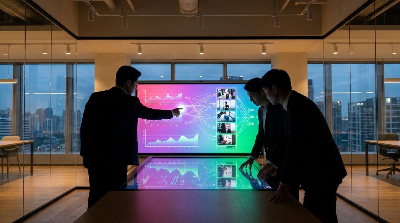 Trois hommes d'affaires analysant des données publicitaires sur un écran interactif dans un bureau moderne.