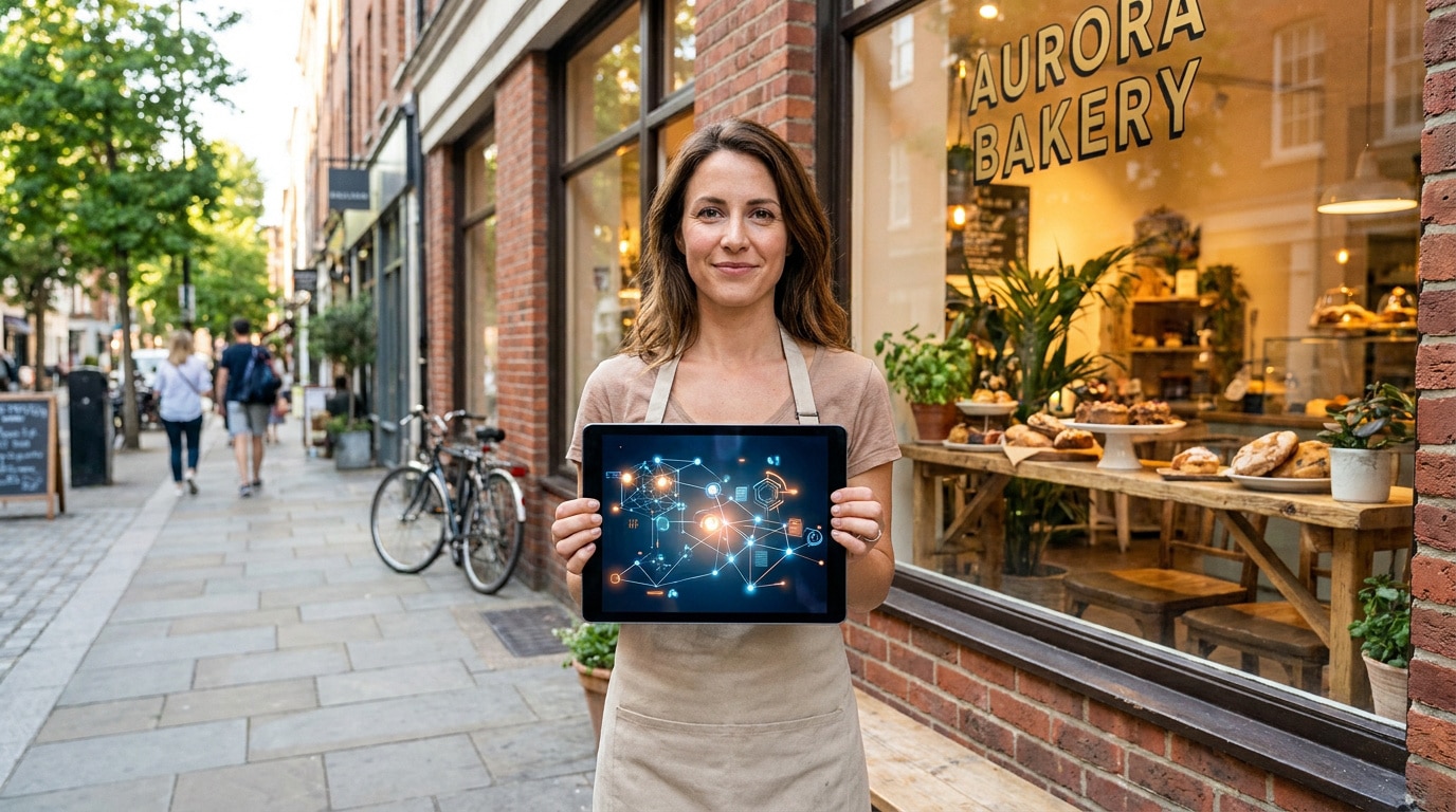 Une boulangère souriante tenant une tablette numérique affichant un réseau connecté devant sa boutique.