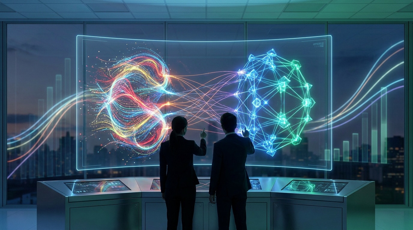 Deux professionnels analysent des données abstraites et des réseaux numériques sur un écran holographique futuriste.