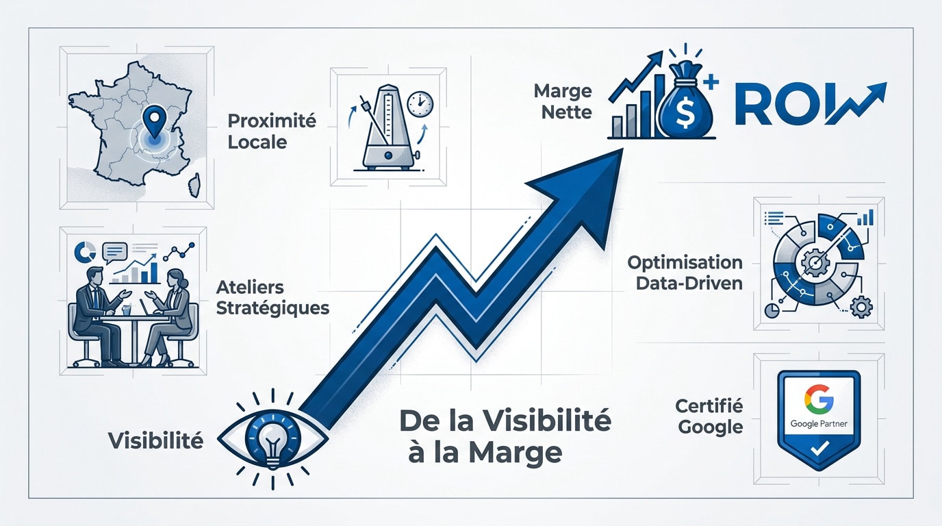 Infographie expliquant le passage de la visibilité publicitaire à la marge nette business