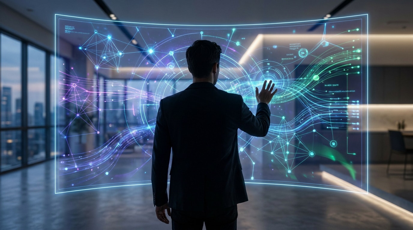 Un homme en costume interagissant avec une interface holographique futuriste affichant des données complexes.