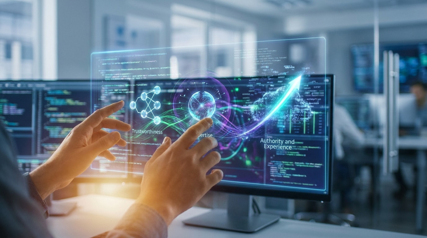 Mains manipulant une interface holographique futuriste représentant les concepts d'expertise et de confiance en IA.