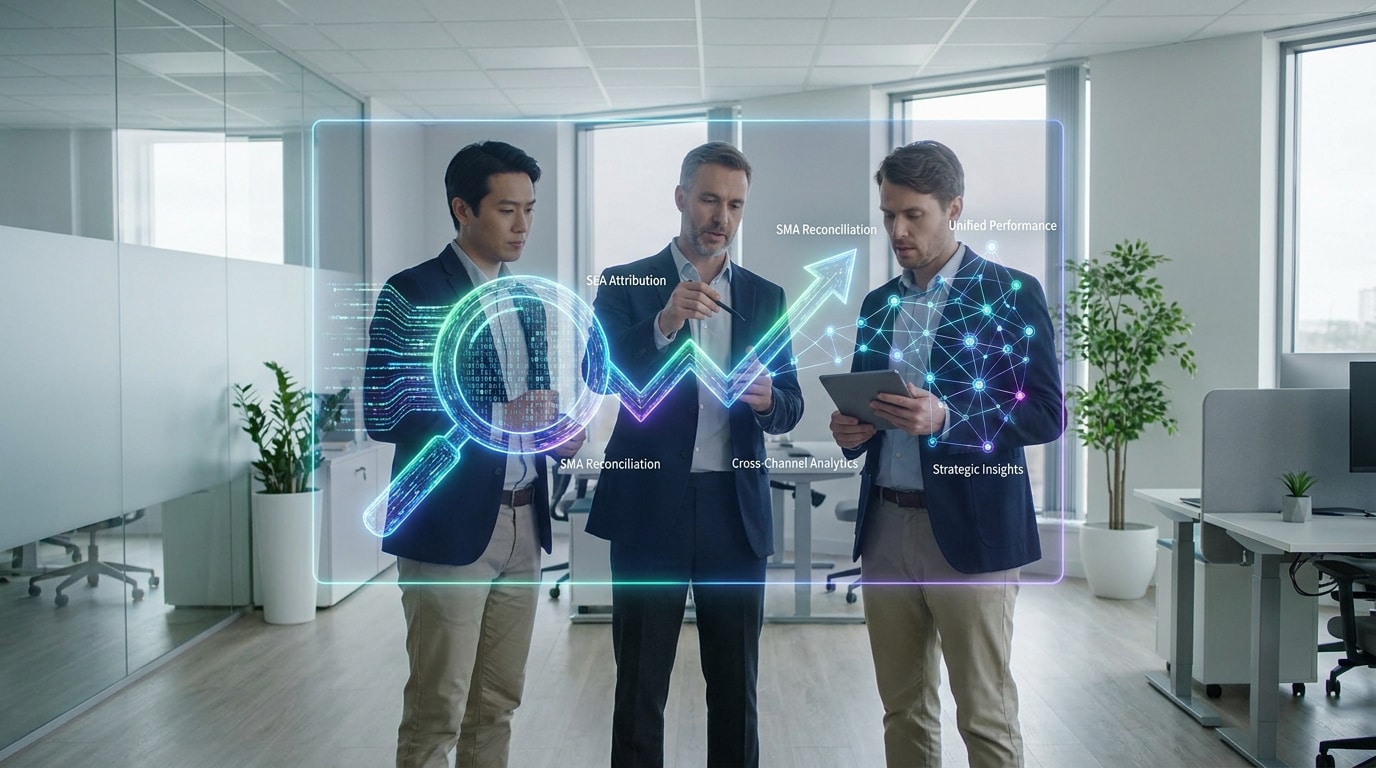 Trois professionnels analysant des données marketing holographiques dans un bureau moderne.